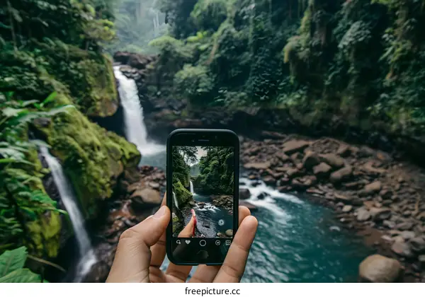 Hand Holding Phone Taking Picture Of Waterfall In Jungle