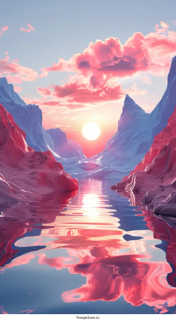 Fantasy landscape with pink mountains and a river flowing through them