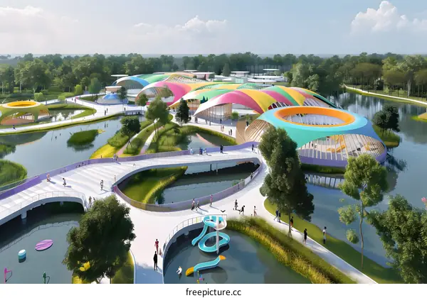 Colorful Modern Architecture with Water Features and Walkways