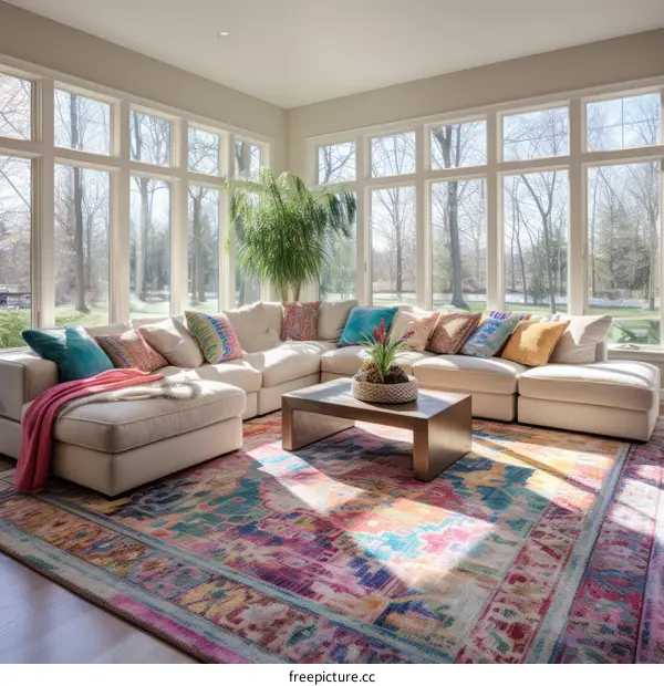 A Bright and Airy Living Room with a Colorful Rug