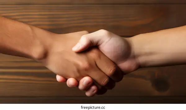 Two people of different skin tones shaking hands over a wooden background