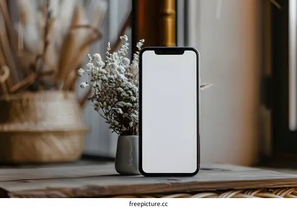 White Blank Screen Smartphone Mockup on a Wooden Table