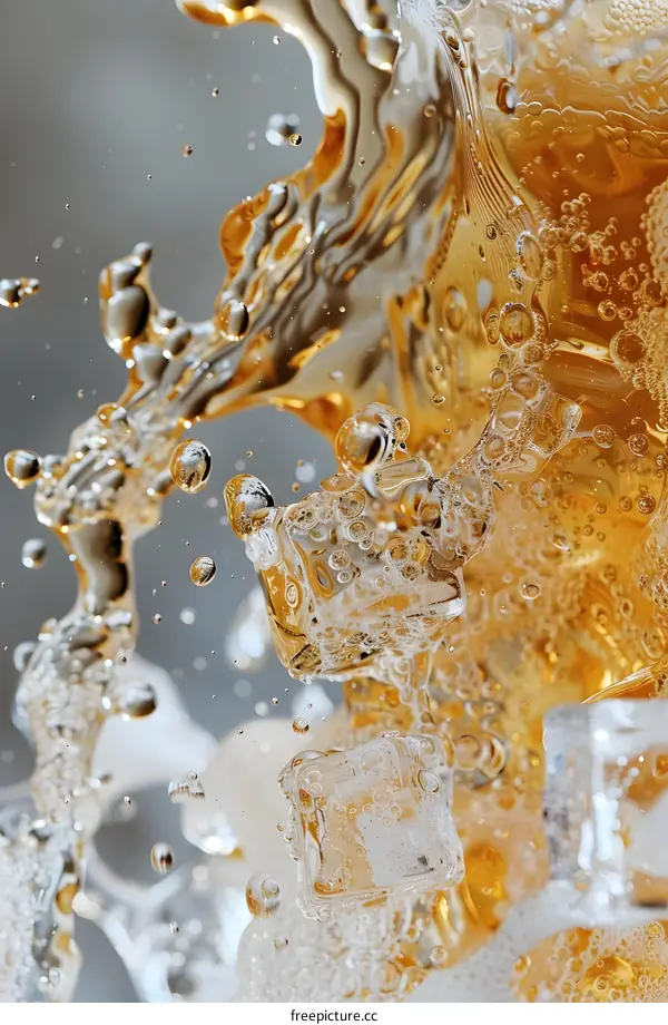Ice Cubes Splashing in Golden Liquid