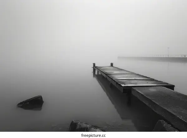 Wooden dock extending into foggy lake