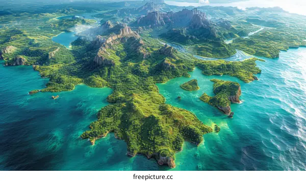 An illustration of a large island with green vegetation and blue water