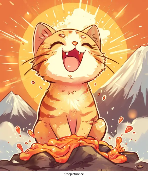Happy Cat On Volcano Mountain Illustration