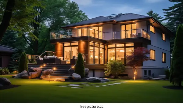 A luxurious house with a modern design and a beautiful backyard