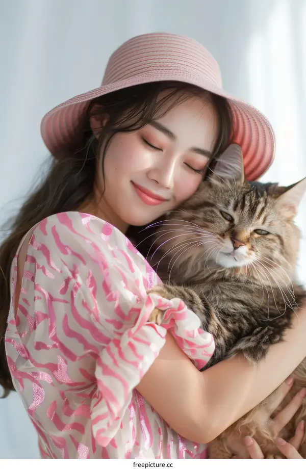 A young woman is hugging a cat