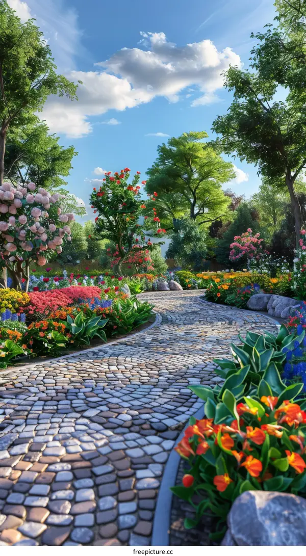 Cobblestone Path Through a Colorful Garden