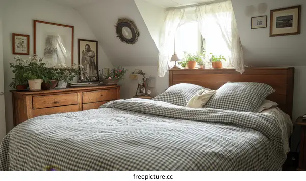 Cozy Rustic Attic Bedroom with Checkered Bedding