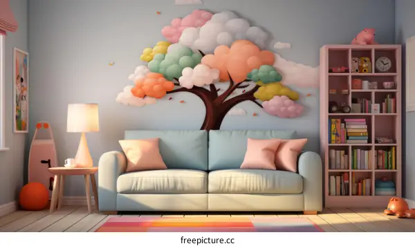 A cozy living room with a cartoon tree mural on the wall