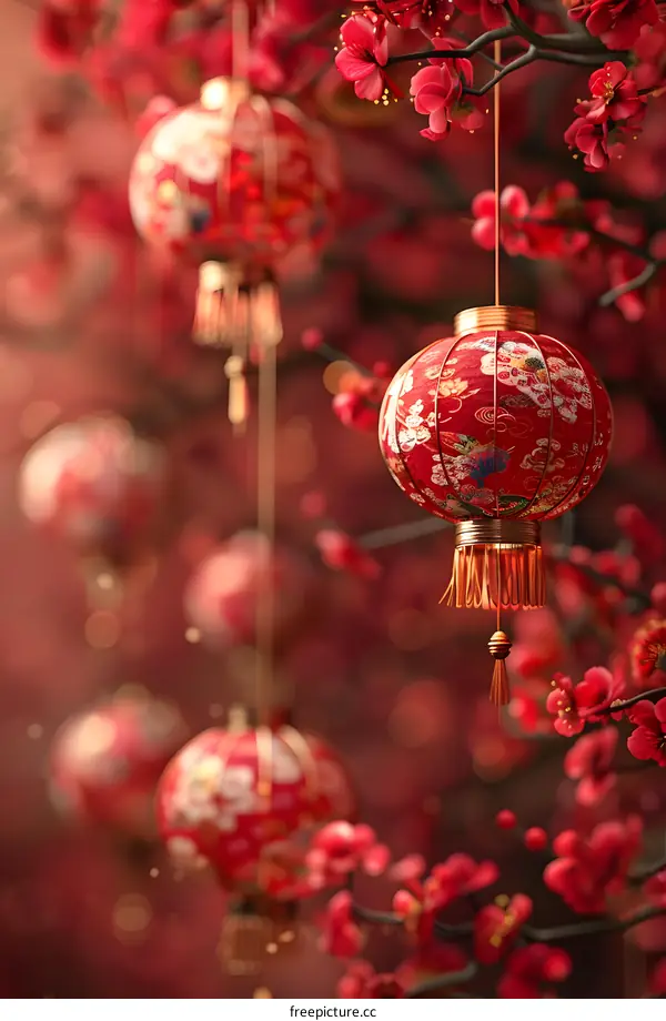 Chinese New Year lanterns hanging on a tree with red blossoms