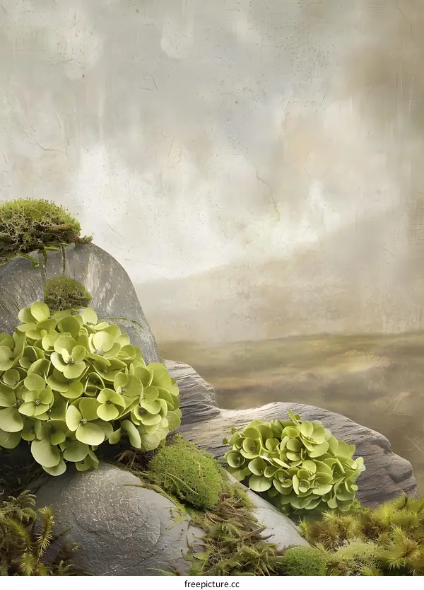 Green Hydrangea Flowers On Rocks With Vintage Background