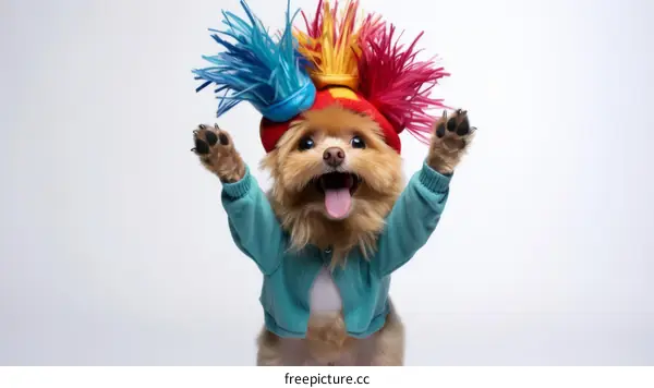 A happy dog wearing a colorful hat and jacket