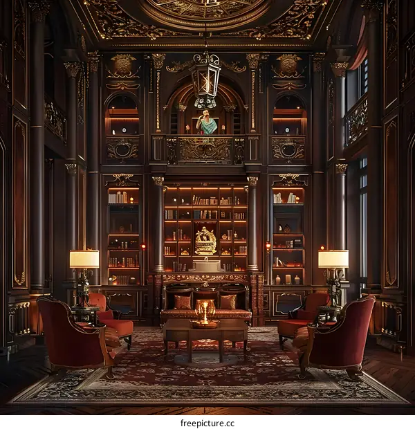 Luxury Living Room with Gold Accents and Bookshelves