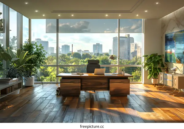 An executive office with a large desk and a city view