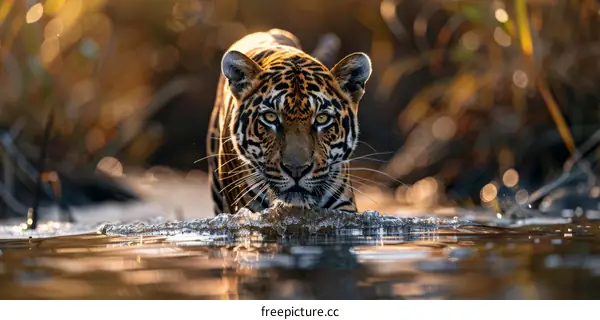 A Tiger Walking Through Water