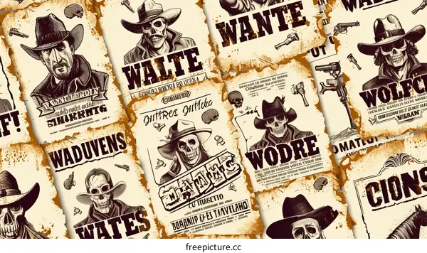 Old wanted posters with skull illustrations
