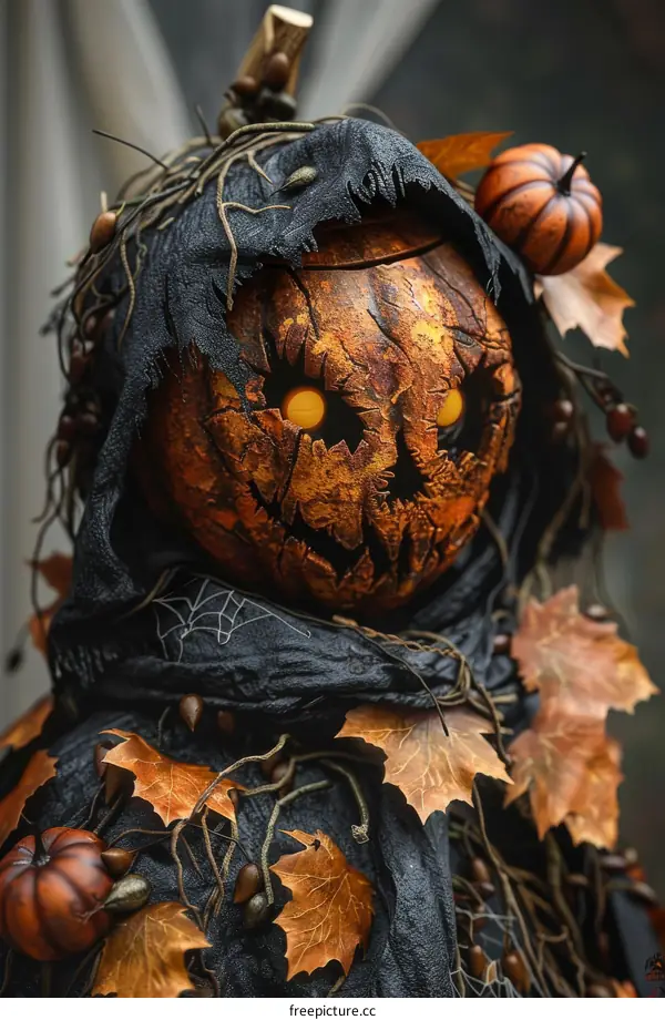 Spooky Halloween Pumpkin Head with Autumn Leaves