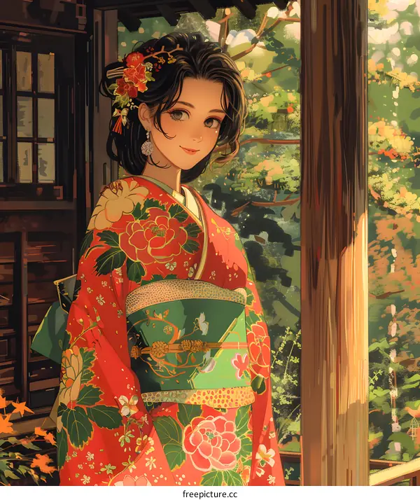 A woman in a red kimono standing in a garden