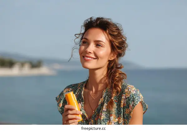 Woman enjoying the seaside with sunscreen