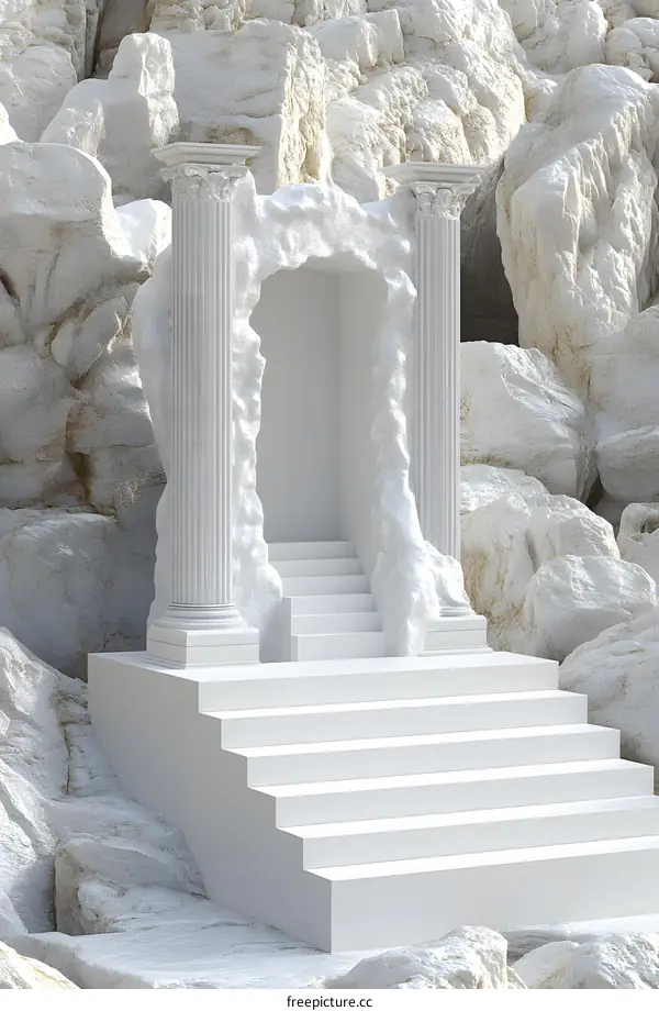 White Stone Archway With Columns And Steps In A Rock Cliff