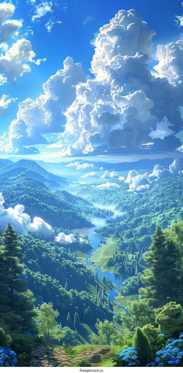 Mesmerizing Landscape with Mountains, River, and Clear Blue Sky