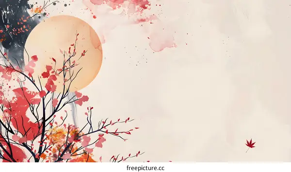 Watercolor Painting of a Tree Branch with Red Leaves and a Full Moon