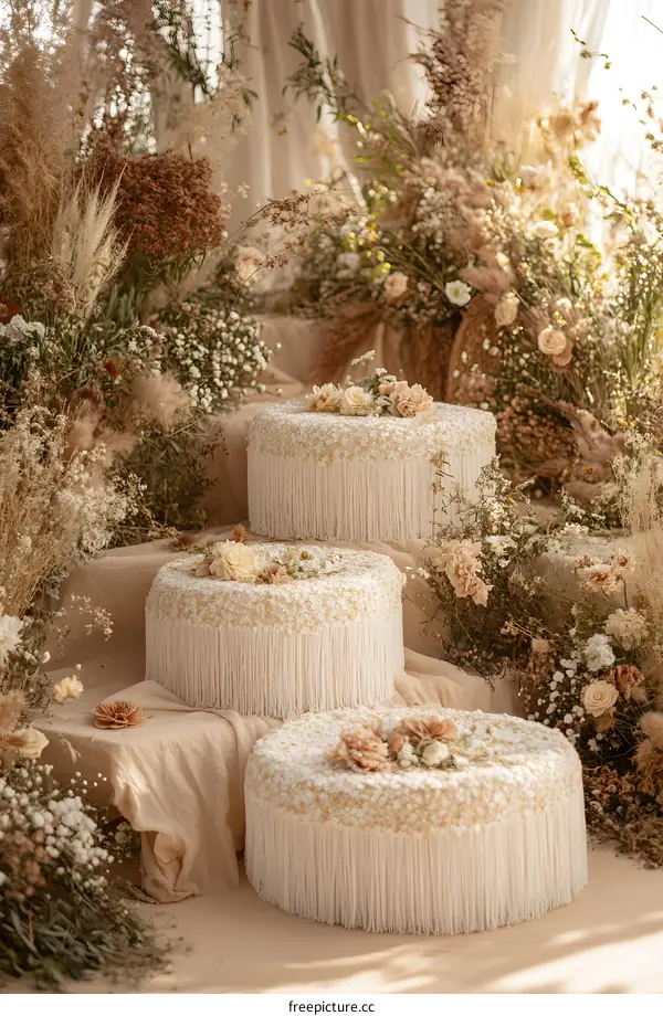 Bohemian Style Wedding Decor with White Tassel Ottoman and Dried Flowers