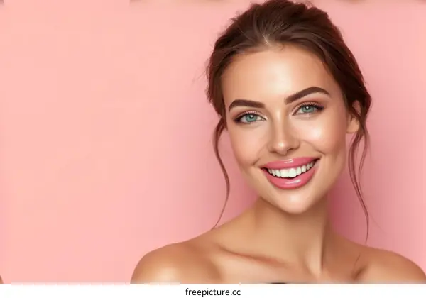 Portrait of a beautiful young woman with brown hair and green eyes smiling
