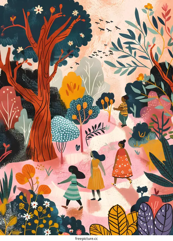 Walking Through A Colorful Forest Illustration
