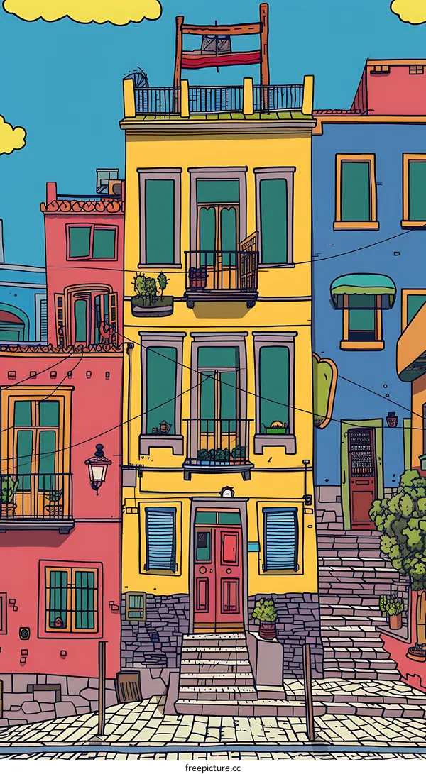 Colorful Buildings in a European Village Illustration