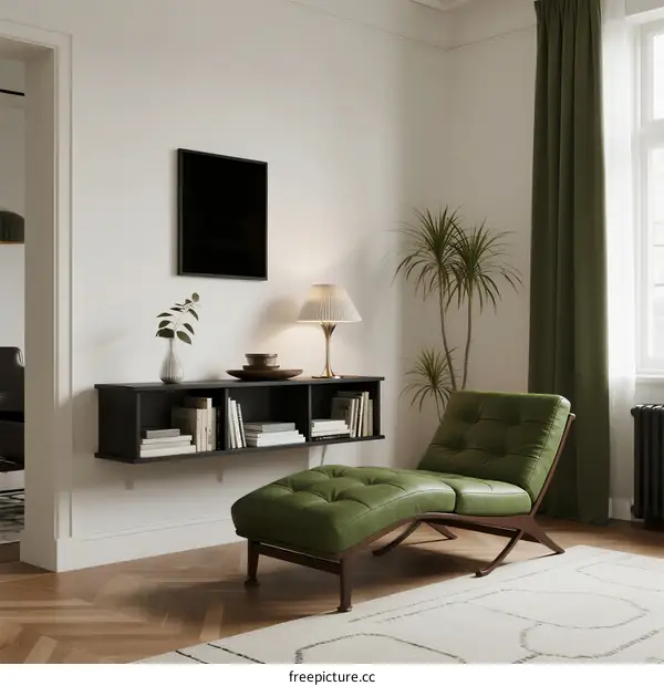 Modern living room with green armchair and wall-mounted shelf