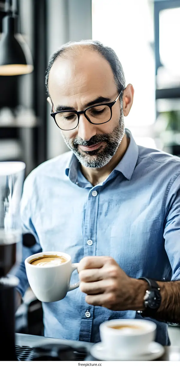 Man Enjoying A Cup Of Coffee At A Cafe