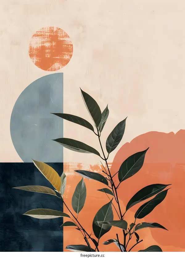 Abstract Minimalist Art with Leaf and Geometric Shapes