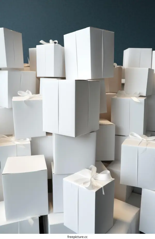 A Stack of White Boxes with Ribbons