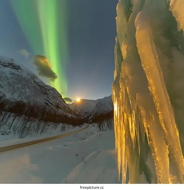 Northern Lights and Ice Formations in a Snowy Mountain Valley