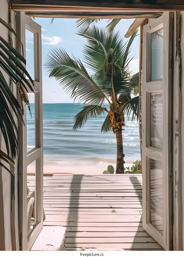 Open White Doorway With View Of Palm Tree And Ocean