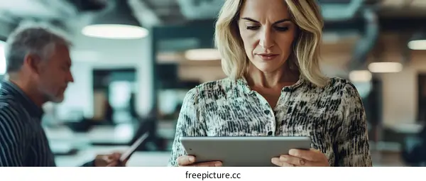 Businesswoman Looking at Digital Tablet in Modern Office