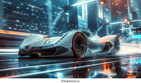 A sleek silver sports car speeds through a futuristic city at night