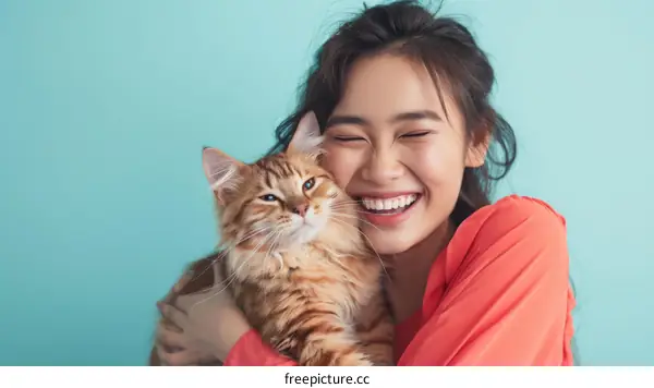 A young Asian woman is hugging an orange cat