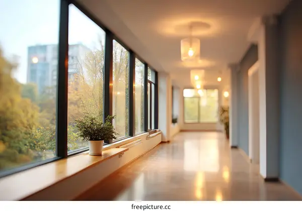 Modern Corridor with Large Windows and Warm Lighting