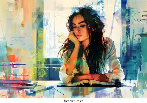 A thoughtful young woman sits at her desk contemplating her next move.