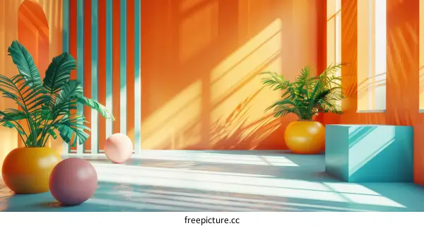 Colorful Interior Design Illustration with Tropical Plants