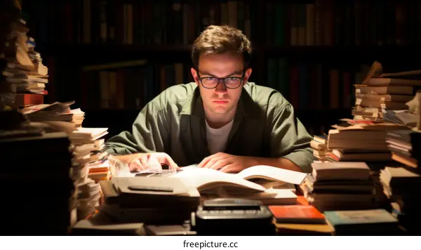 Young male student studying in a library surrounded by books
