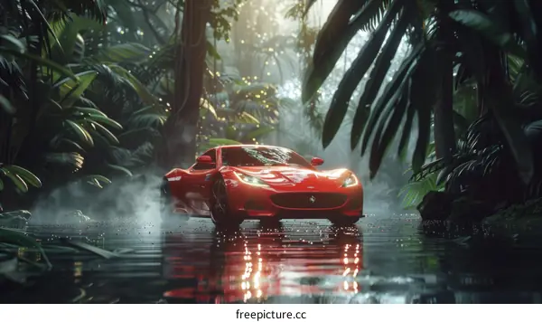 Red sports car in the jungle
