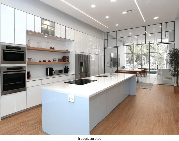 Modern Open-Concept Kitchen with Light-Blue Island