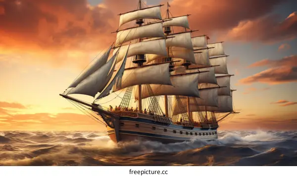 The Pirate Ship Sails Through the Stormy Sea