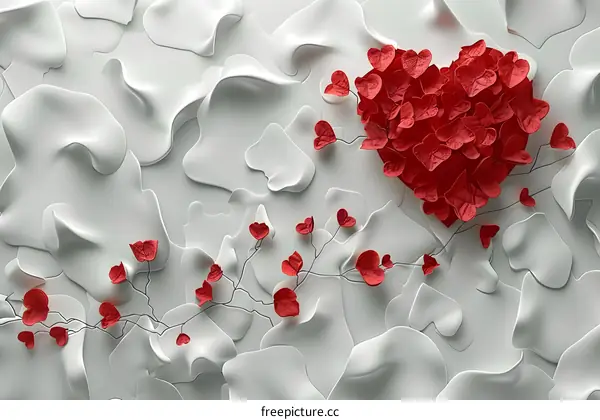A red heart made of leaves on a white textured background