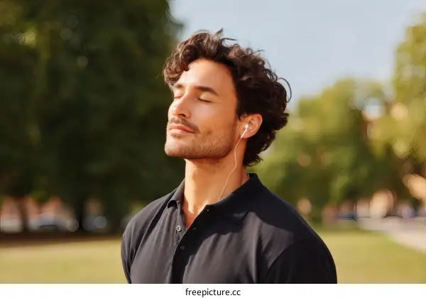 Man Listening to Music Outdoors in Park